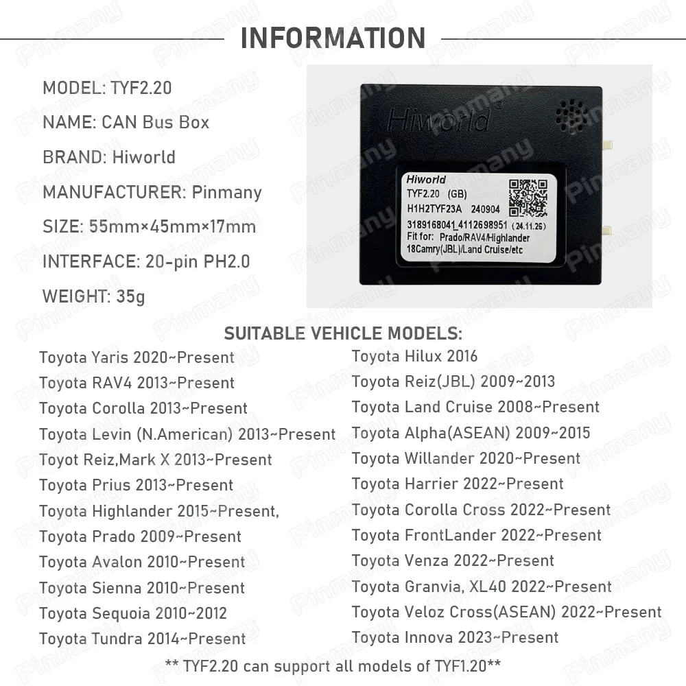 Car Android Radio CANBus Decoder TYF2.20 For Toyota Prado Avalon Sienna Sequoia Tundra Hilux Land Cruise Alpha Willander Granvia