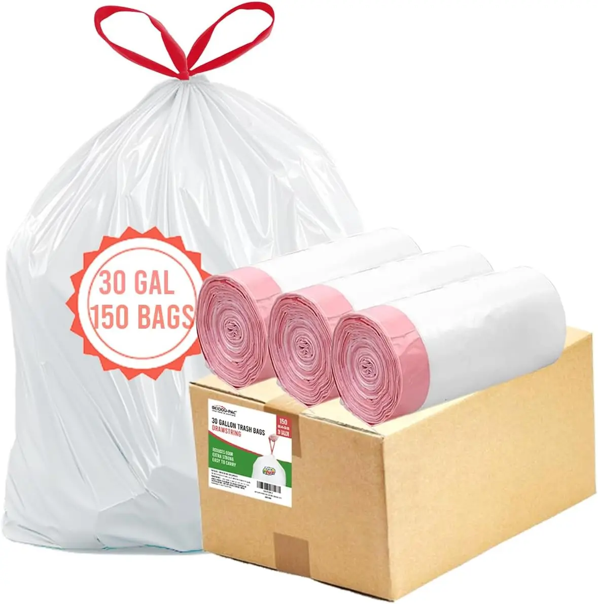 

30 Gallon Heavy Duty Drawstring Trash Bags, 150 Count White Unscented for Home Kitchen Office