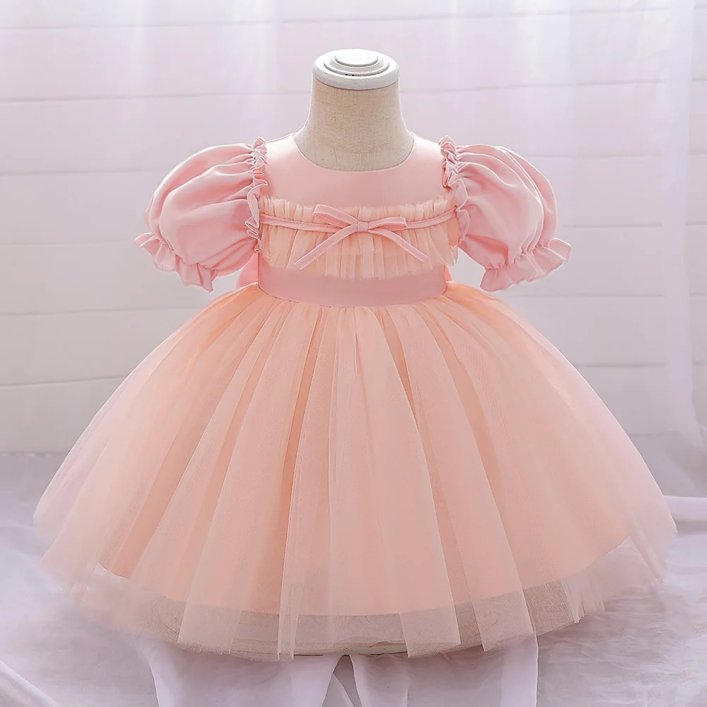 Toddler Bow Baby Girl Dress Christmas Costume 1st Birthday Princess Party Kids Dresses for Girls Tulle Baptism Short Sleeve Gown