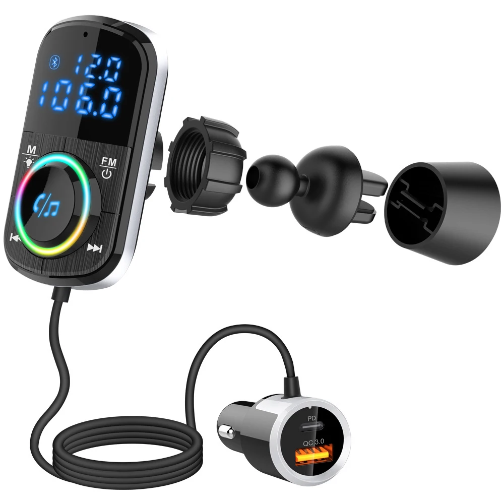 Transmetteur FM de voiture compatible Bluetooth 5.0, récepteur audio mains libres sans fil, lecteur de musique MP3, chargeur rapide PD QC 3.0, lumière LED