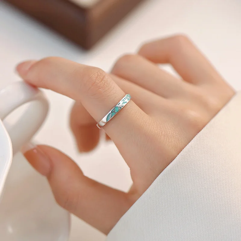 Кольцо из стерлингового серебра 999 пробы, сине-белое фарфоровое кольцо, женское простое кольцо премиум-класса, легкое роскошное кольцо на указательный палец
