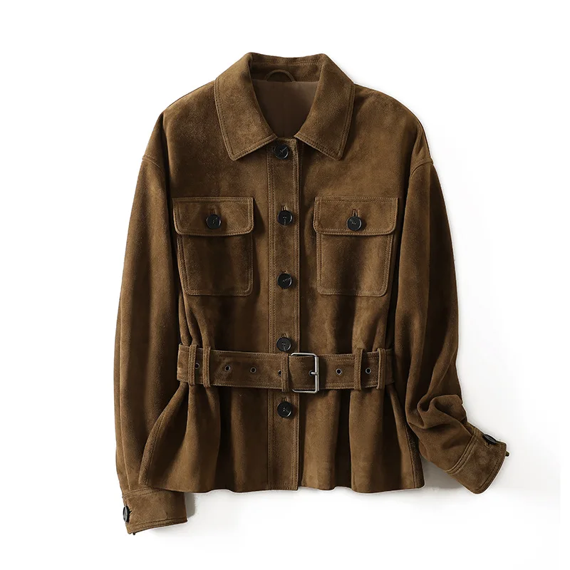 Winter Brand New Suede Leather Jacket for Women Collar Pocket 100% Kid Suede Slim Fit Coat With Belt Coffee Shirt Vestes Femmes