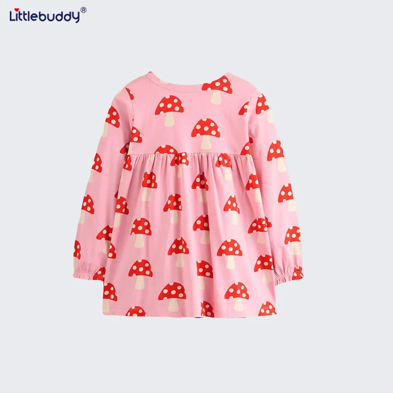فستان LittlebuddyAutumn للأطفال بجيب مطبوع عليه رسوم كرتونية فستان الأميرة بأكمام طويلة