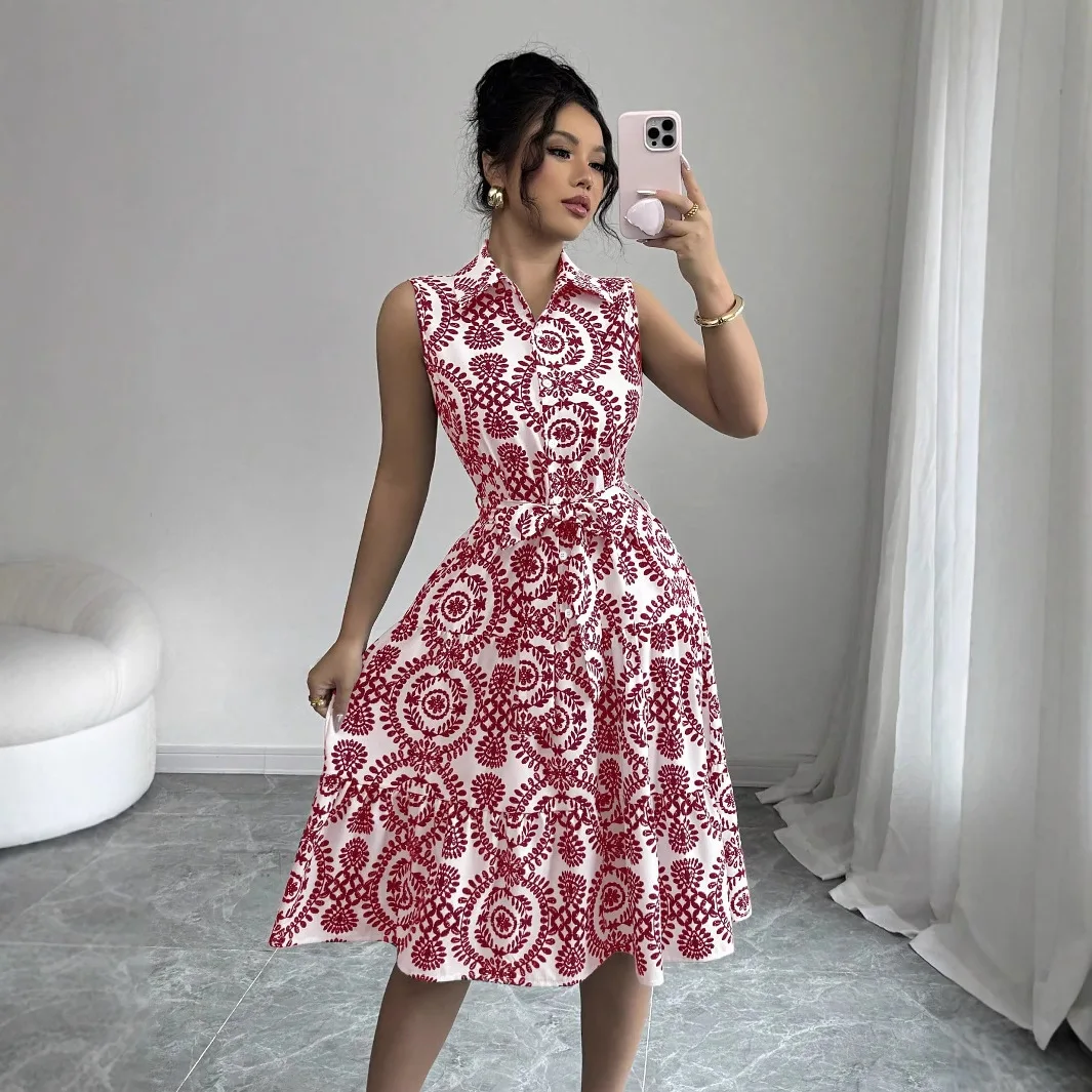 Moda impressa cintura coberta fora do ombro plissado vestido sem mangas feminino verão cinta lapela vestido para mulher 2025