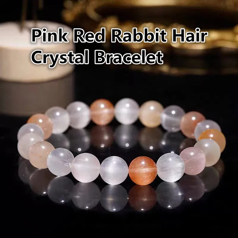 

Natural Pink Red Rabbit Hair Crystal Bracelet Colorful Cat's Eye High Quality