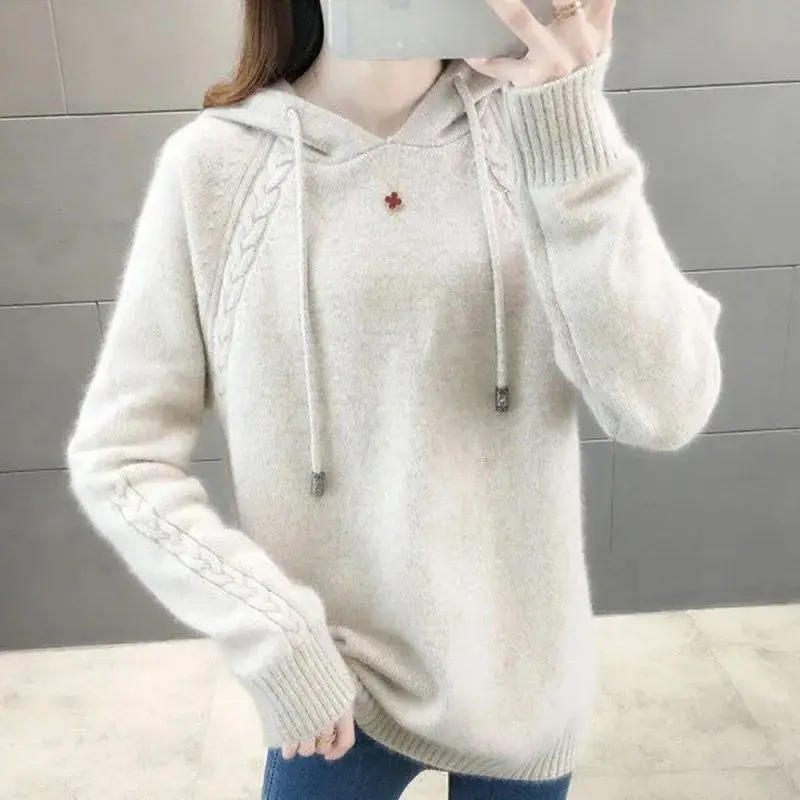 Autumn Winter New Fashion Hooded Solid Color Long Sleeve Pullovers Women\'s Clothing Korean Simplicity Youth Knitting Warm Tops