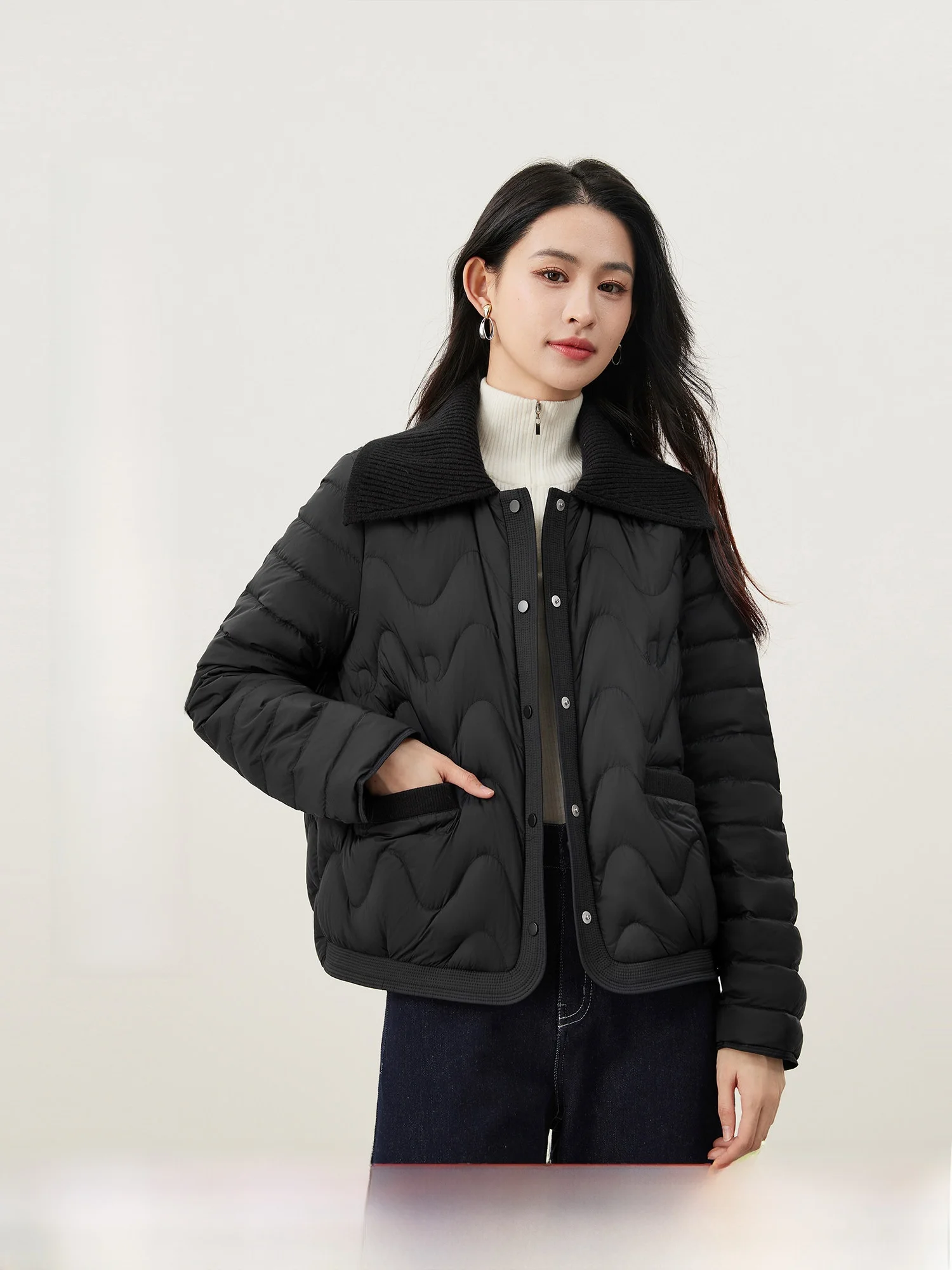 

Теплая женская куртка из 90% гусиного пуха с вязаным воротником, универсальная повседневная модель с длинными рукавами, стандартной длины, модная.