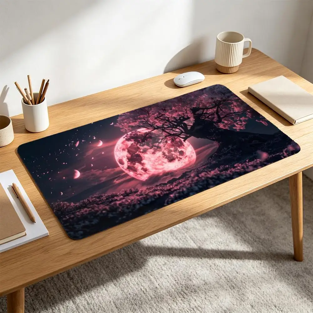 Romantic Sakura Pink Moon Landscape Large Desk Pad Ancient Cherry Tree Falling Petals Under Giant Pink Full Moon Starry Night