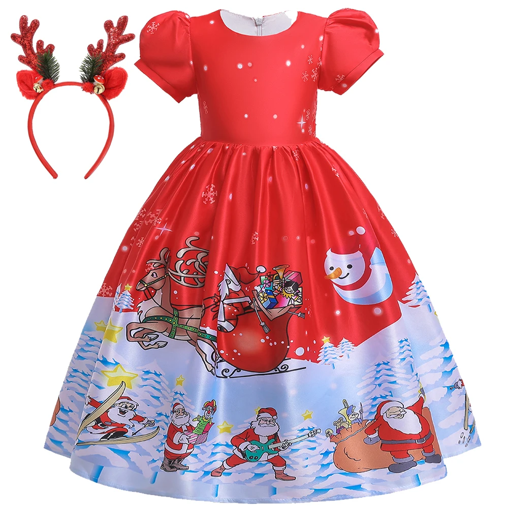 

Рождественское платье с изображением лося, Санта-Клауса, снеговика, карнавальный костюм, санки, снежинки, платье для свадебной вечеринки, дня рождения, рождественская детская одежда для девочек