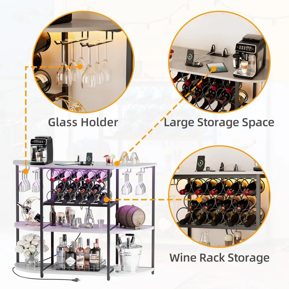 Armadietto da bar per vino con luci a LED e prese di corrente, armadietto da bar indipendente per liquori caffè con supporto in vetro