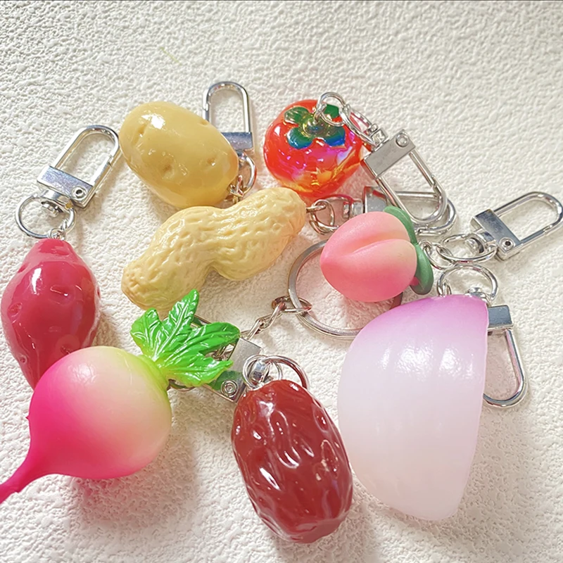 Cute Peach Sweet Potato Food Keychains For Women Friend Onion Red Date Persimmon Fruit Pendant Bag Box Car Key Ring Accessories