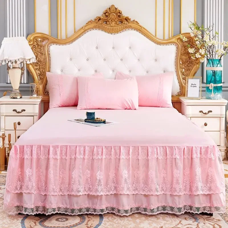 Simple Solid Color Bed Skirt with Lace, Wrap Around Bedskirt, 3 Side Coverage Dust Ruffle, 3 Piece 1 Bed Sheet & 2 Pillowcases