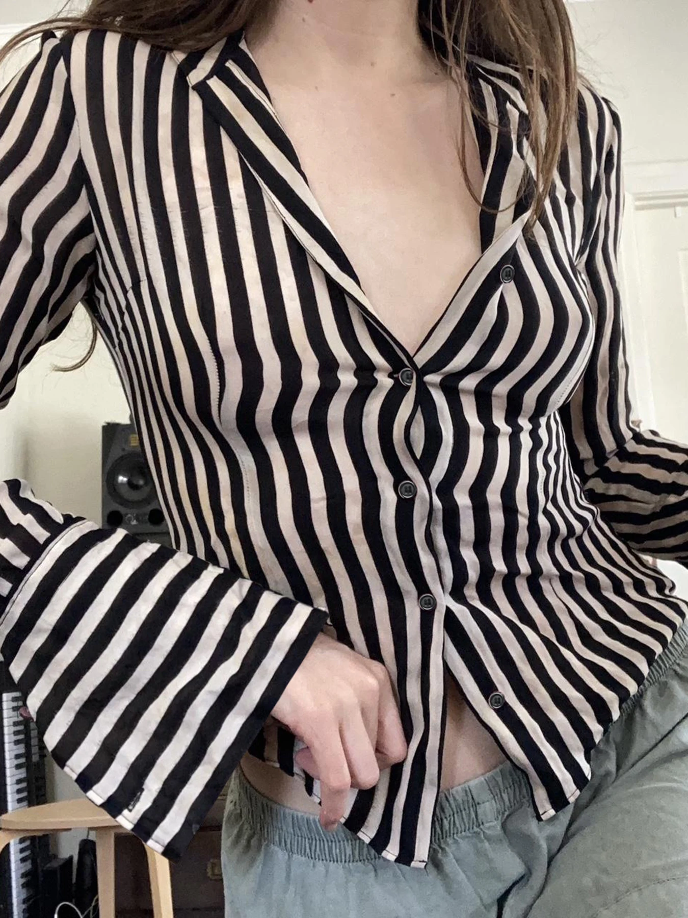 IAMSURE Elegant Fashion Striped Blouse Casual Slim Turn-Down Collar Shirts Women 2024 Autumn Winter Fashion Streetwear Ladies