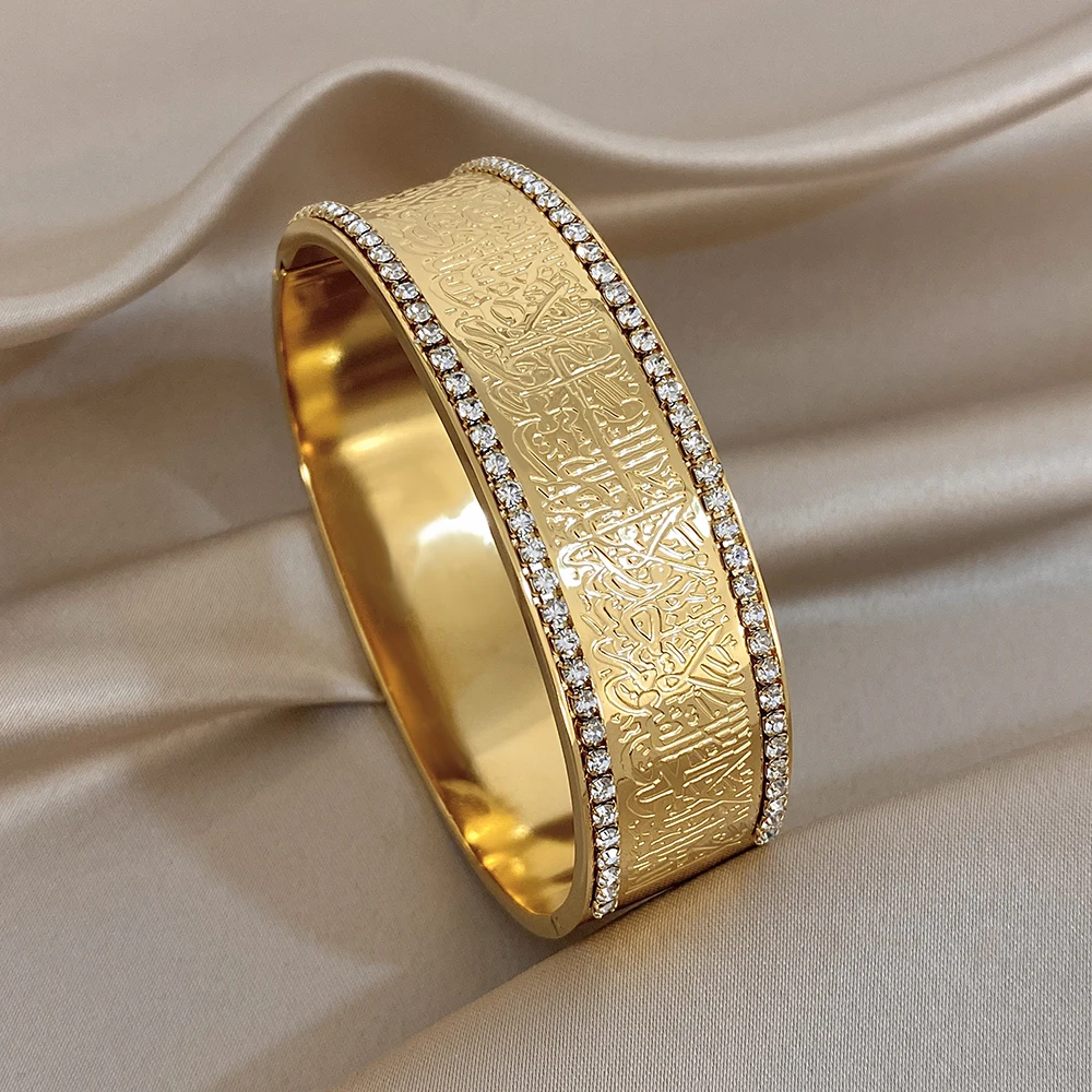 Vintage Engraved Pattern Textured Cuff Bangle Jewelry for Women Gold Plated Stainless Steel Zircon Waterproof Wide Bracelet Gift