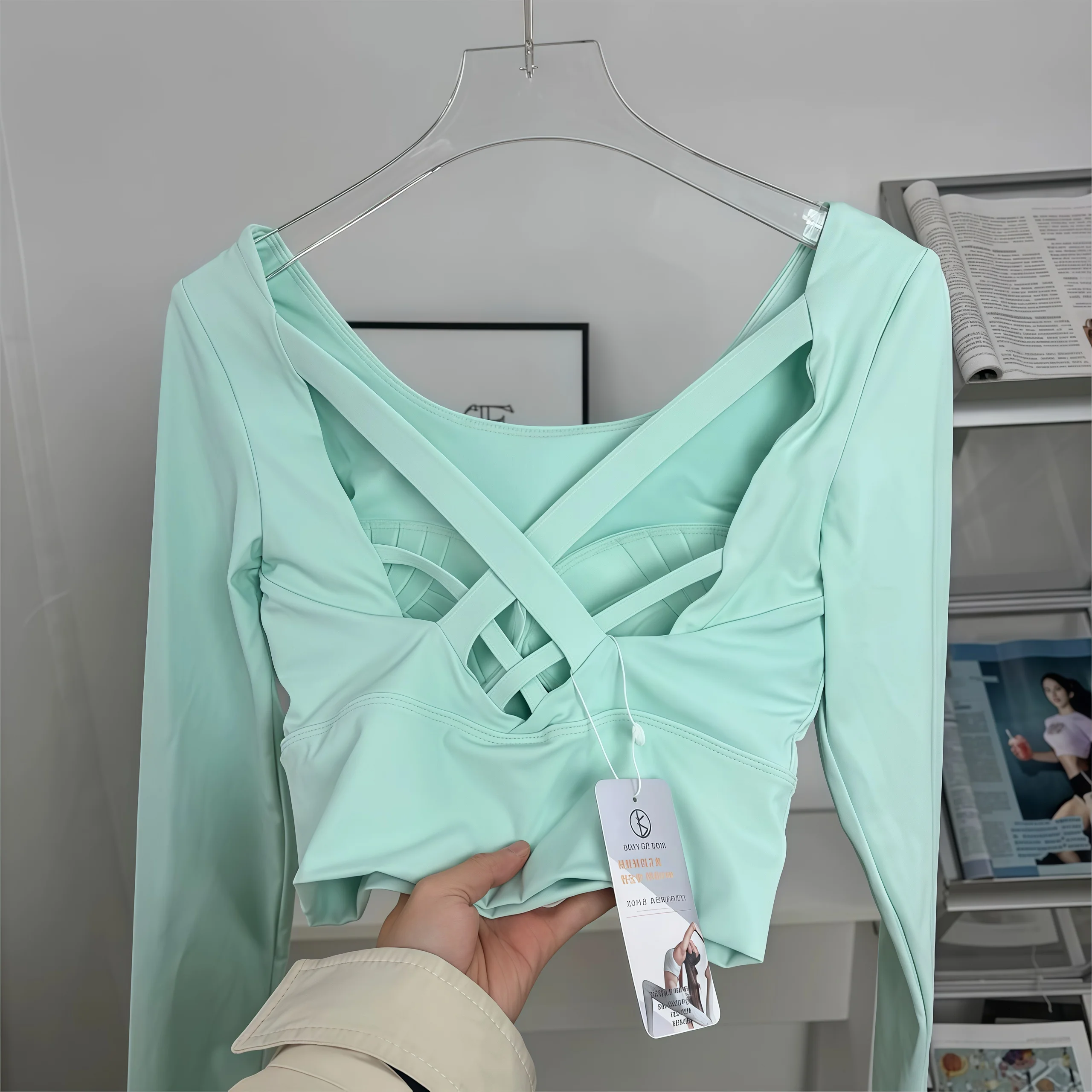 Women's Yoga Wear Long-Sleeve Fixed Bra Pad Fitness Pilates Running Sports Top Training Apparel image 2