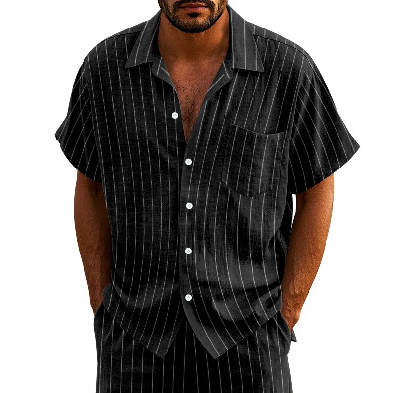 

2026 American Retro Men's Linen Short Sleeve Shirt Striped Lapel Loose Fit Breathable Casual Summer Shirts for Men Beach Shirt