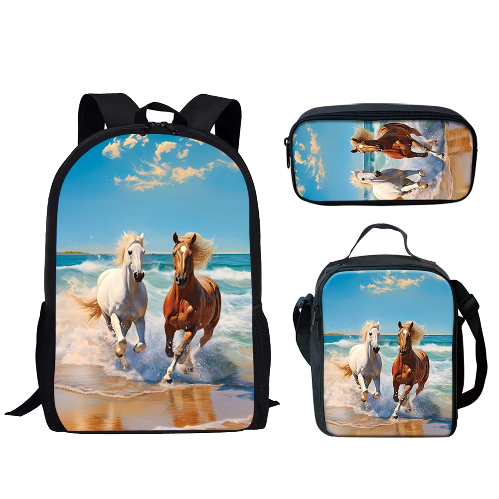 Belidome 3Pcs Schoolbag for Teen Boy Girls Horse Print Lighyweight Backpack for Primary Studdent Back to School Mochila Infantil