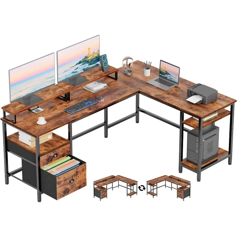 

66" L Shaped Computer Desk with Shelves, Reversible Corner Gaming Desk with File Drawer and Dual Monitor Stand, Large Home