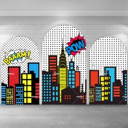 Cartoon City Building Superheros Arch Backdrop Cover for Boy Birthday Party Decoration Photo Background