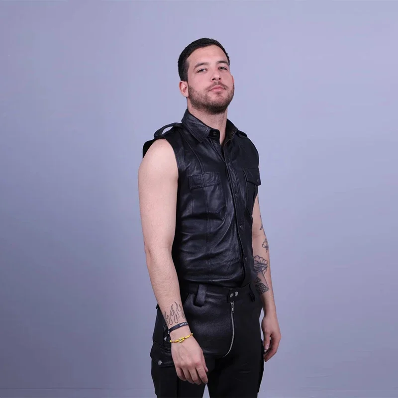 Men's Black Matte Leather Vest Top Sleeveless Laple Button Camisole Male Casual PU Jacket Shirt with Pocket  Clubwear Custom New