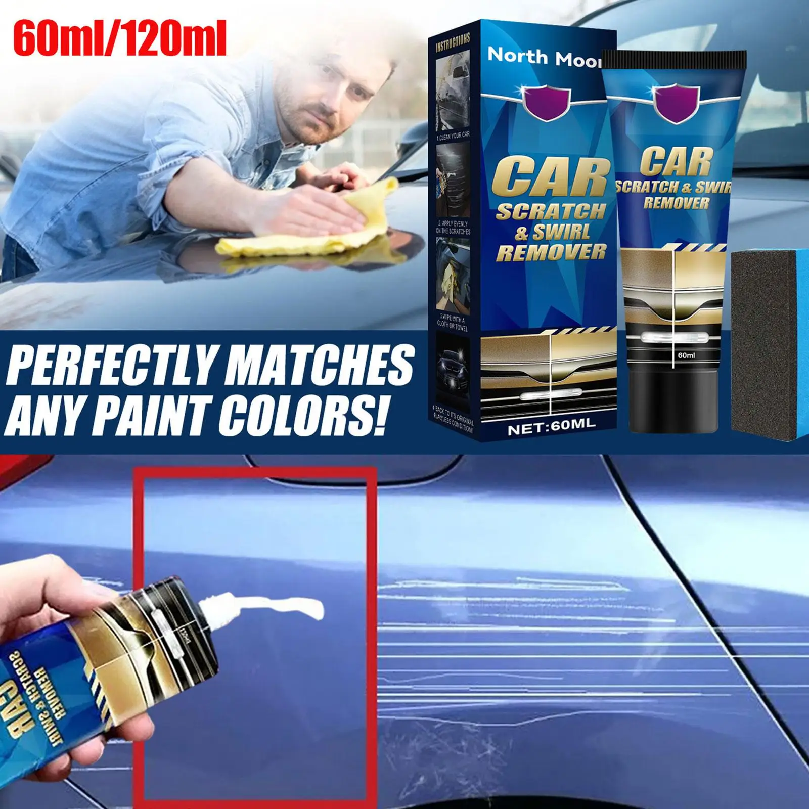 Car Scratch Remover Repair Kit, Cera de Polimento Anti-Scratch, Ferramenta de Reparo com Acessórios, Essential Crea A0C1, 120 ml, 60ml