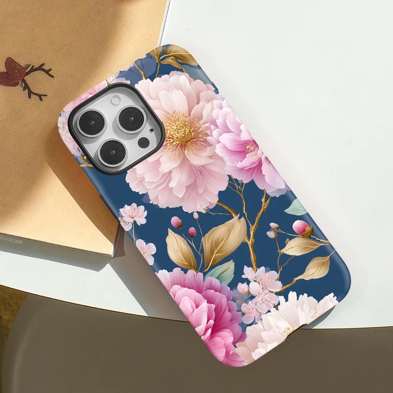 Fcicicase flor magnética carga sem fio caso de telefone para iphone 16 15 plus 14 13 12 11 pro max para magsafe capa dupla camada