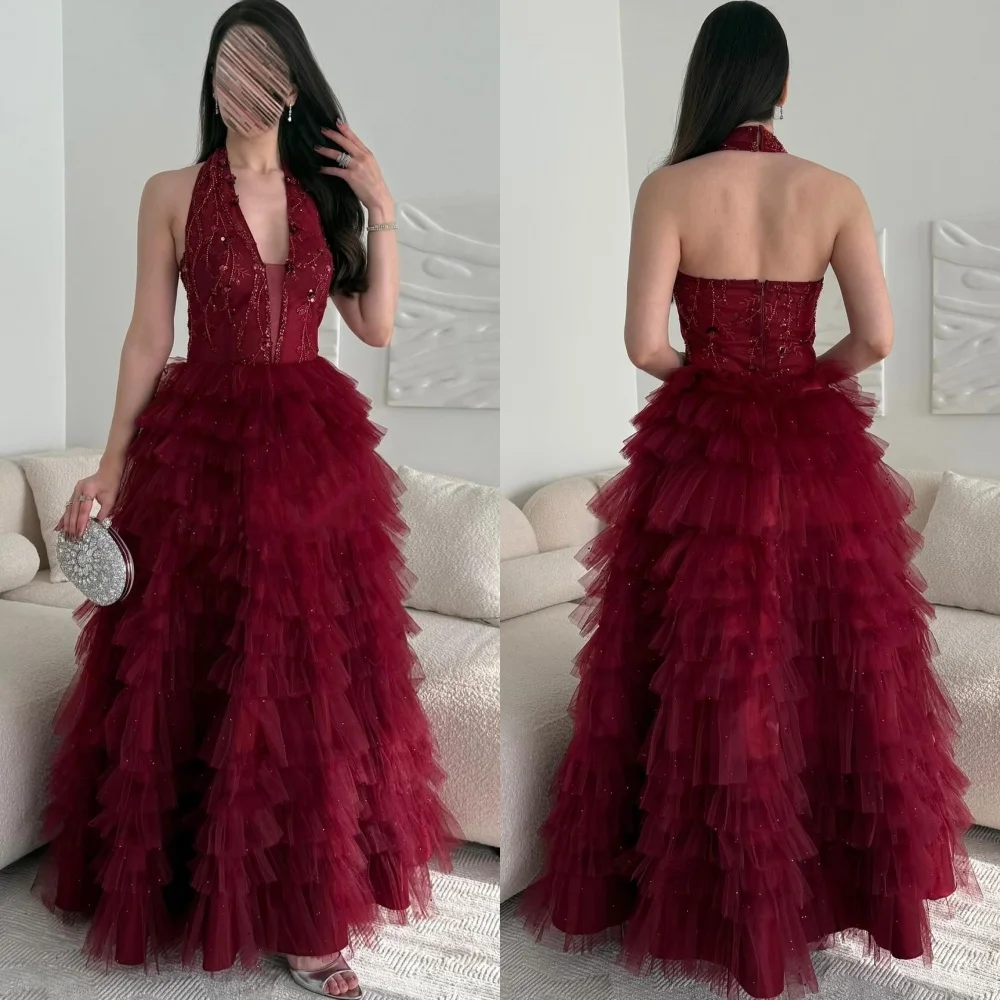 

Customized Sexy Pastrol Tulle Pleat Tiered Beading Sequined A-line Halter Long Dresses Bespoke Occasion Dresses Sizes Available