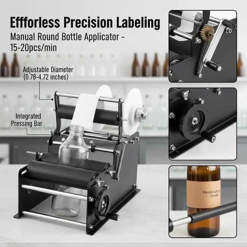 Hand Labeling Applicator 15-20pcs/min For Beverage Production Medicine Packaging Cosmetic Industry, Adjustable Bottle Labeler Diameter 0.78-4.72 inches Manual Operation Pressing Bar Included view 3