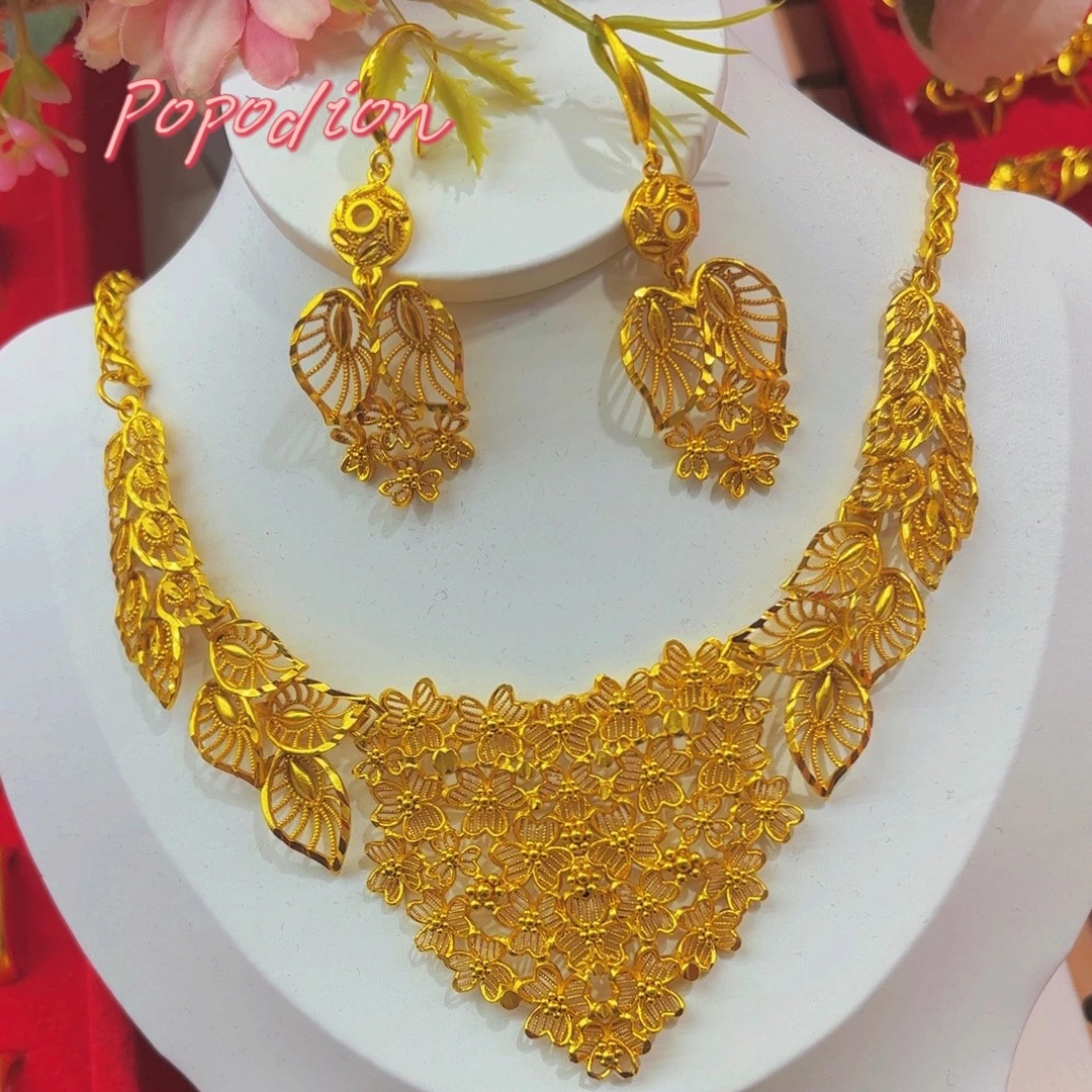 Popodion  New Dubai 24K Gold Plated Jewelry Necklace Earrings Bridal Wedding Jewelry   YY10352