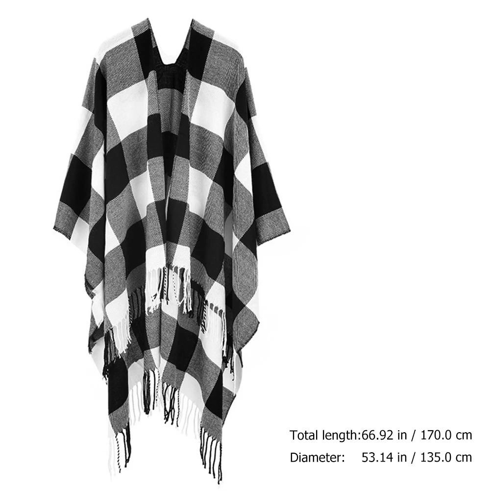

Imitation Cashmere Shawl Wraps for Women Plaid Poncho Cape Warm Knitting Open Front Black Large Fit All Sizes