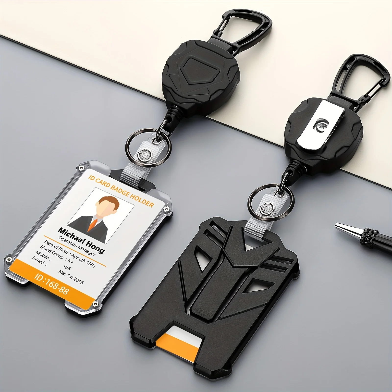 Retractable Heavy Duty Carabiner Keychain with Tactical Vertical ID Card Holder Durable ABS Badge Holder Outdoor Key Pendant