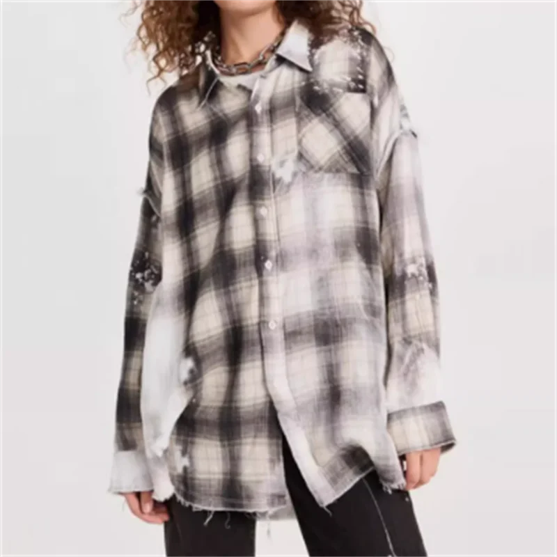 women\'s clothing trend 2024 autumn new washed and worn Women\'s shirt pure cotton long sleeved top Plaid printed women\'s blouses