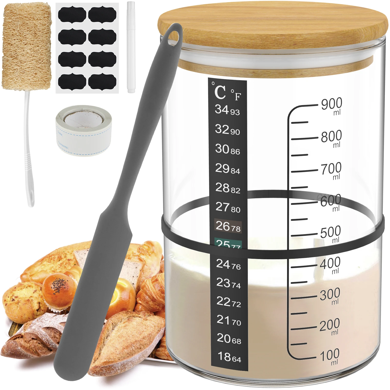 Sourdough Starter Jar Kit 900ml Sourdough Starter Container Wide Mouth Glass Sourdough Starter Cup with Wooden Lid Thermometer