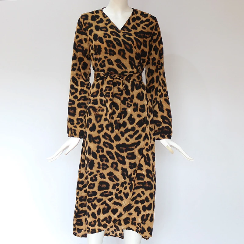 Leopard print V-neck long sleeved lace up dress