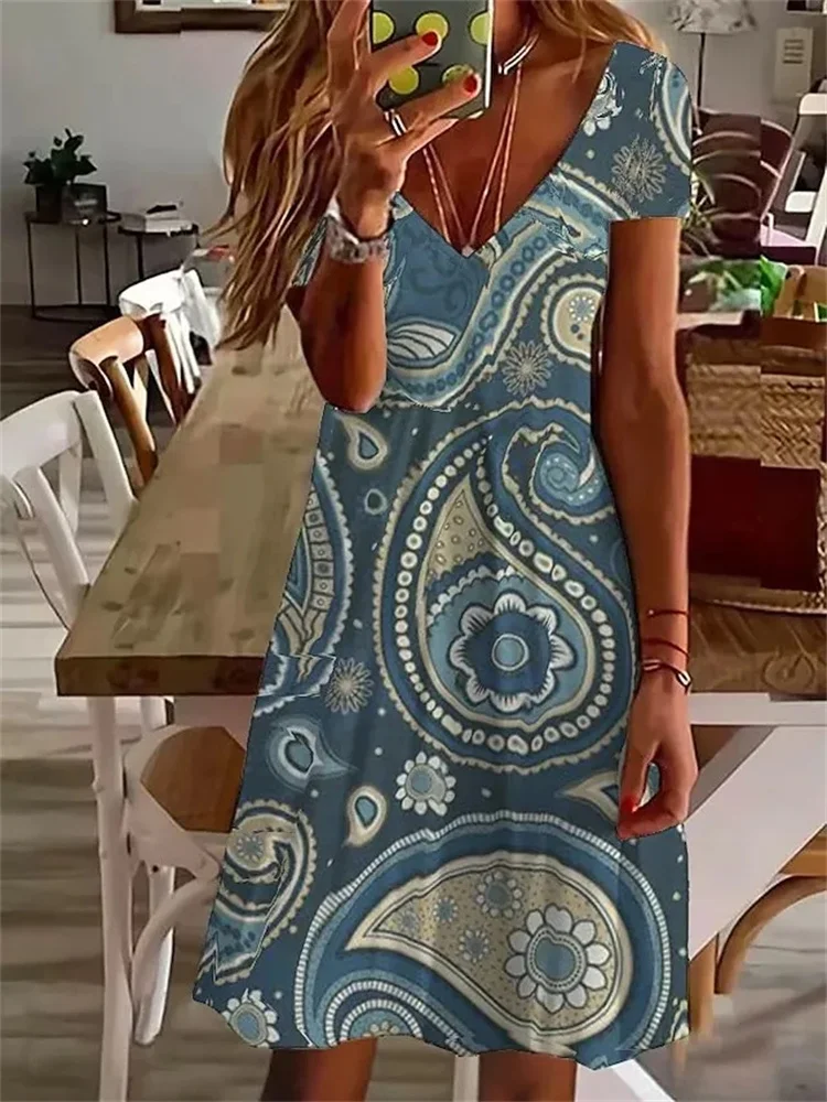 Robe vintage à manches courtes pour femmes, nouvelle collection été, pull à la mode, décontractée, col en v, imprimé fleuri, 2023