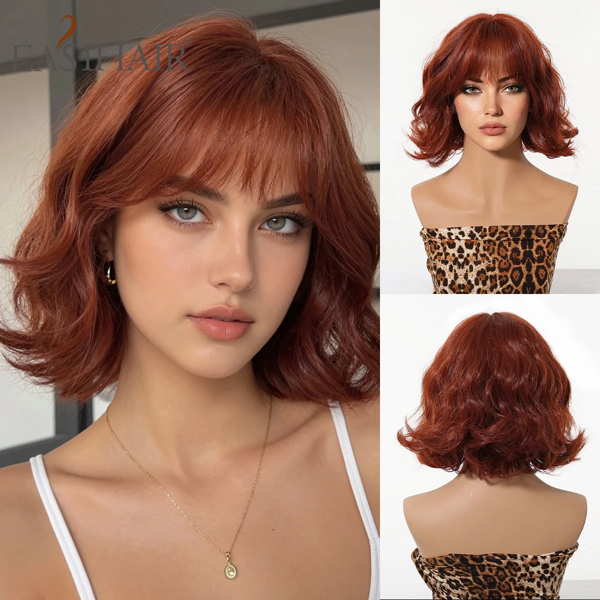 Red Auburn Short Curly Bob Wig With Bangs Heat Resistant Synthetic Hair Natural Hairline Wigs for Women Daily Party Halloween