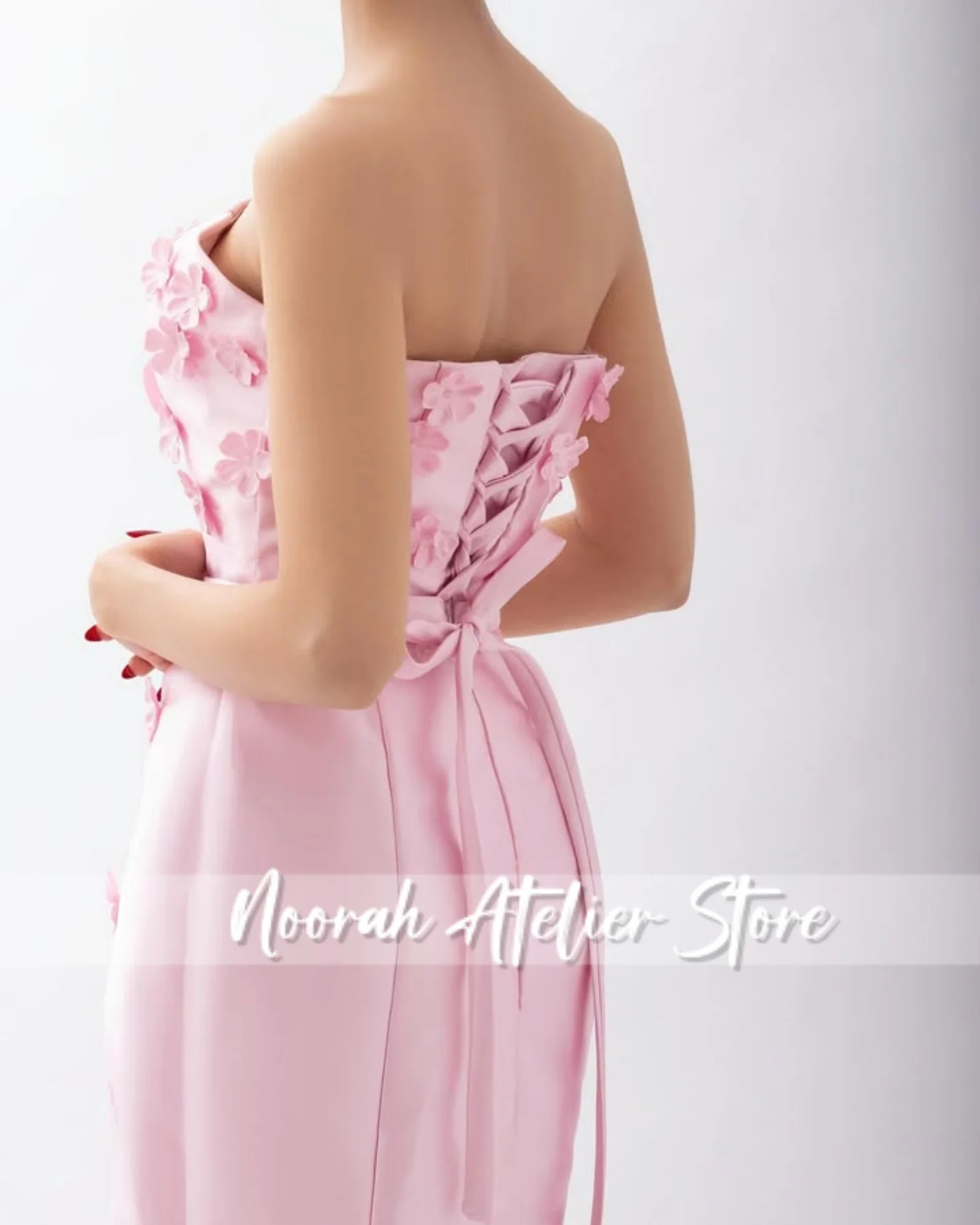 ใหม่สีชมพู Strapless 3D ดอกไม้ดูไบชุดราตรี 2025 ชุดแต่งงานซาตินชุดราตรีชุด FBساتة สําหรับโอกาสพิเศษที่กําหนดเอง