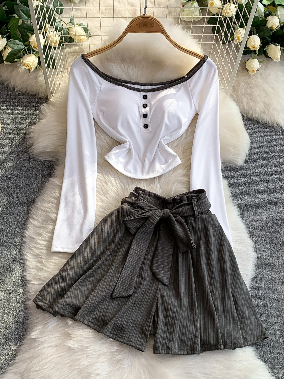 Conjunto Casual de Calças de Cintura Alta e Sem Alças, Calças de Pernas Largas, Top com Laço, Conjunto Slimming de Duas Peças