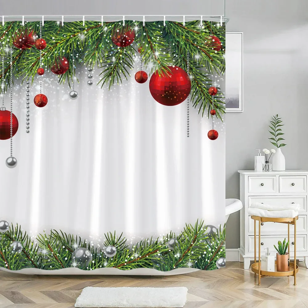 Christmas Balls Shower Curtain Colorful Xmas Balls Green Candy Canes Hanging on Pine Tree Branch for Christmas Ornament Branches