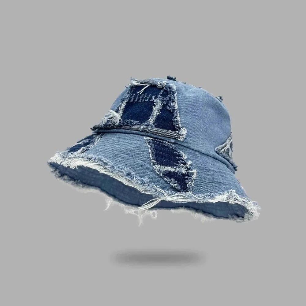 

Fashion Japanese Denim Bucket Hat Beggar Style Patched Retro Fisherman Hat Bule Splicing Sun Protection Basin Cap Women