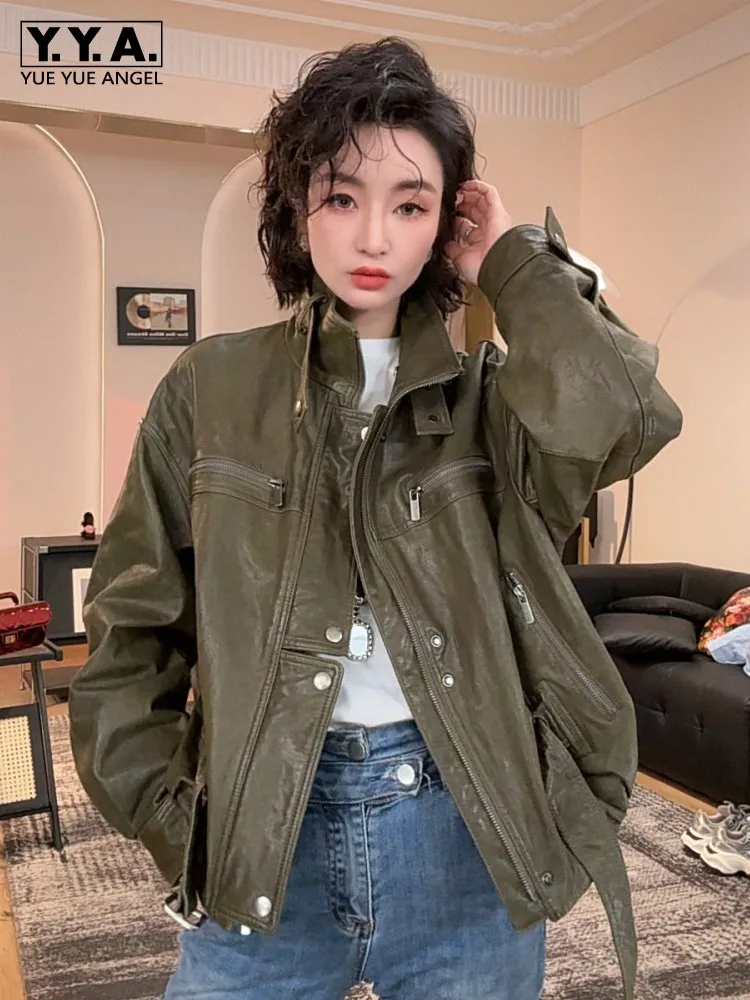 New Designer Women Loose Fit Stand Collar Moto Biker Autumn Outerwear Coat Real Sheepskin Genuine Leather Jacket Multi Pockets