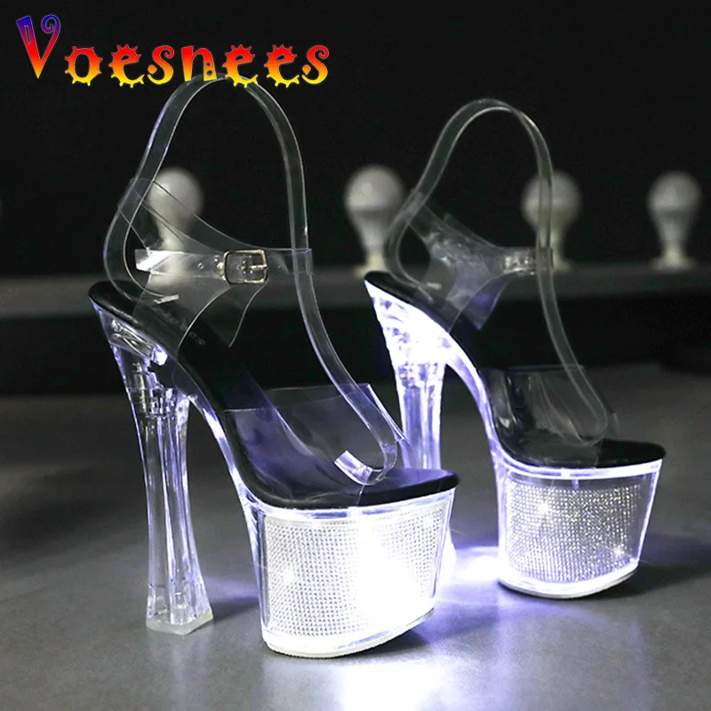 Voesnees Super High Heel Nightclub LED Light Up Luminous Crystal Sandals Women Transparent Star Platform Sexy Pole Dancing Shoes