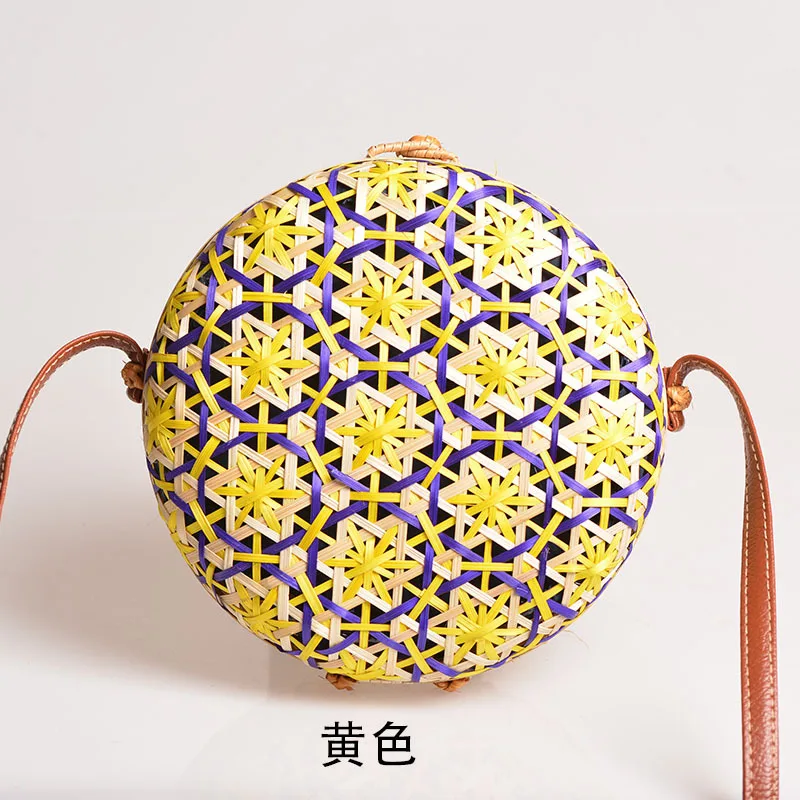 20*8cm Rattan Handmade Bamboo Shoulder Bag Flower Round Fabric Bag Rattan Buckle Bag PU Shoulder Strap Handmade Crafts