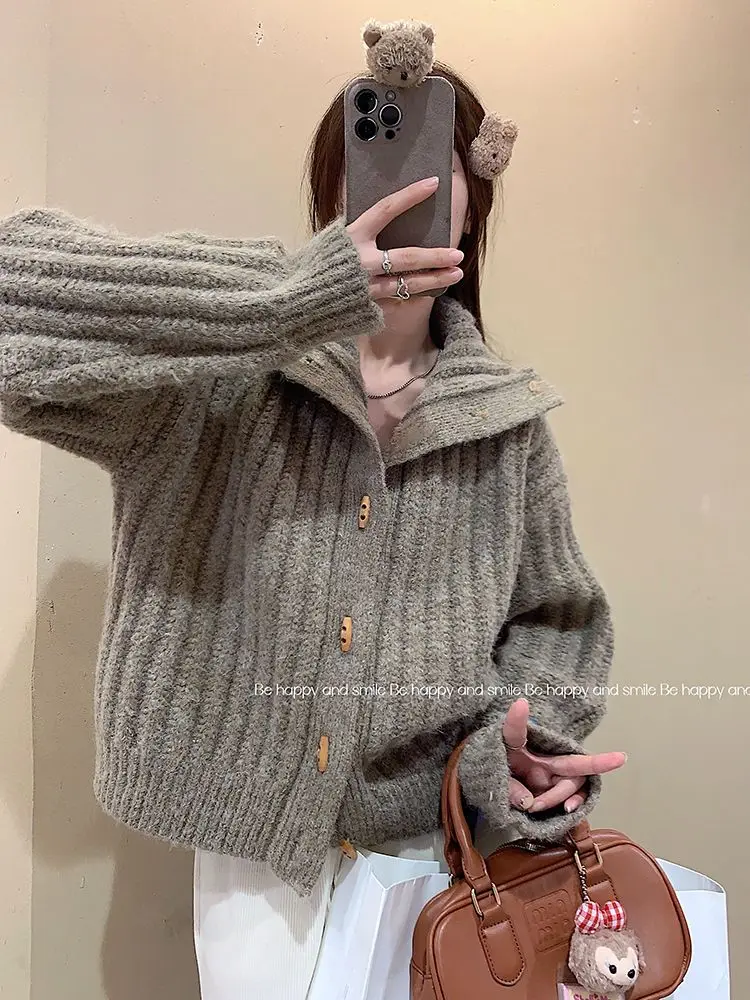 Thicken Winter Clothes Turtleneck Short Jacket Vintage Khaki Bull Horn Button Sweater Coats Korean Fashion Women Loose Cardigans