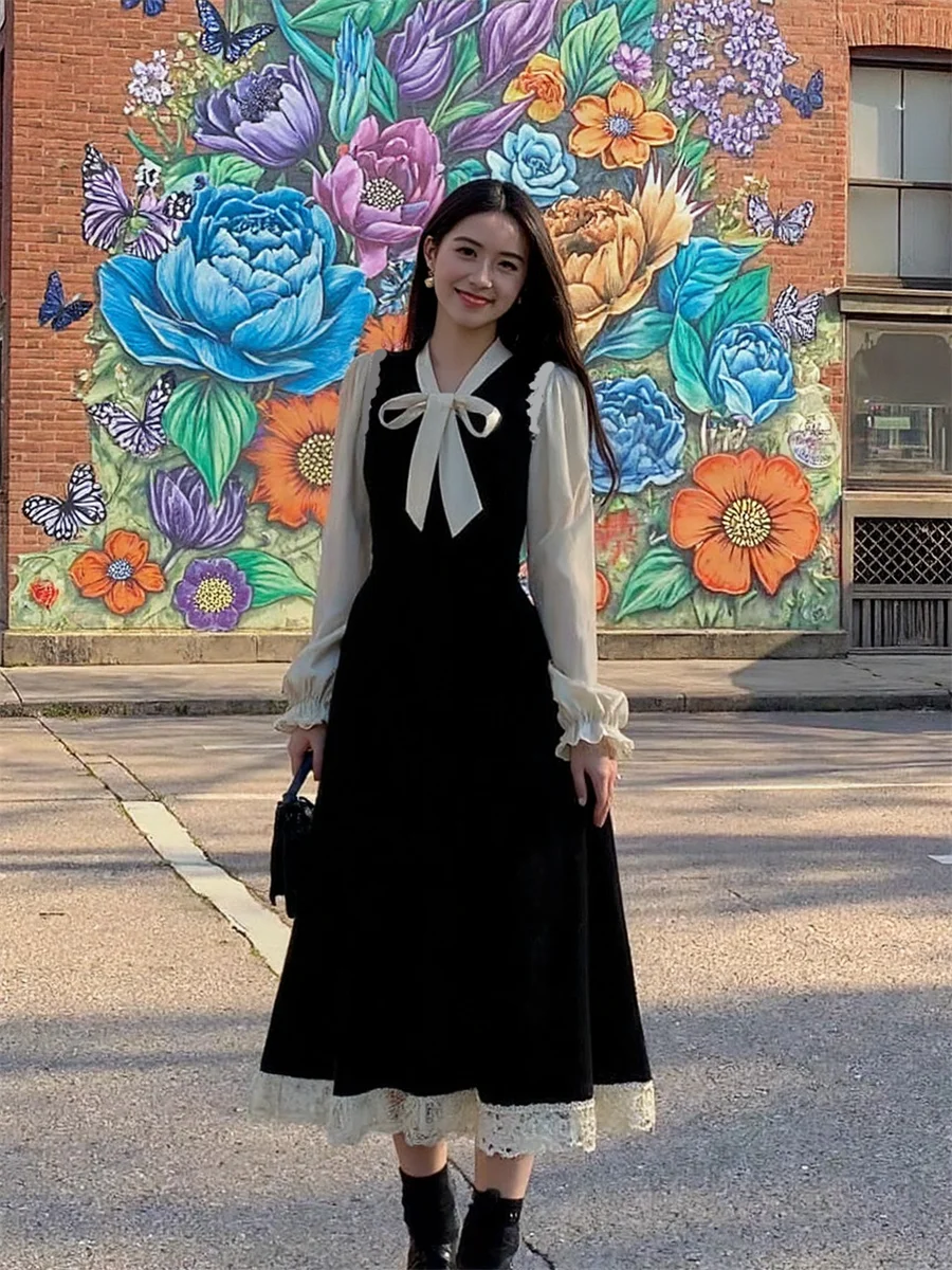 Damenkleider Schwarz A-Linie Patchwork Herbst Frühling Pailletten Elastisch Gestreift Rundhalsausschnitt Neckholder Taillierter Arbeit Ausgefallener Ausschnitt