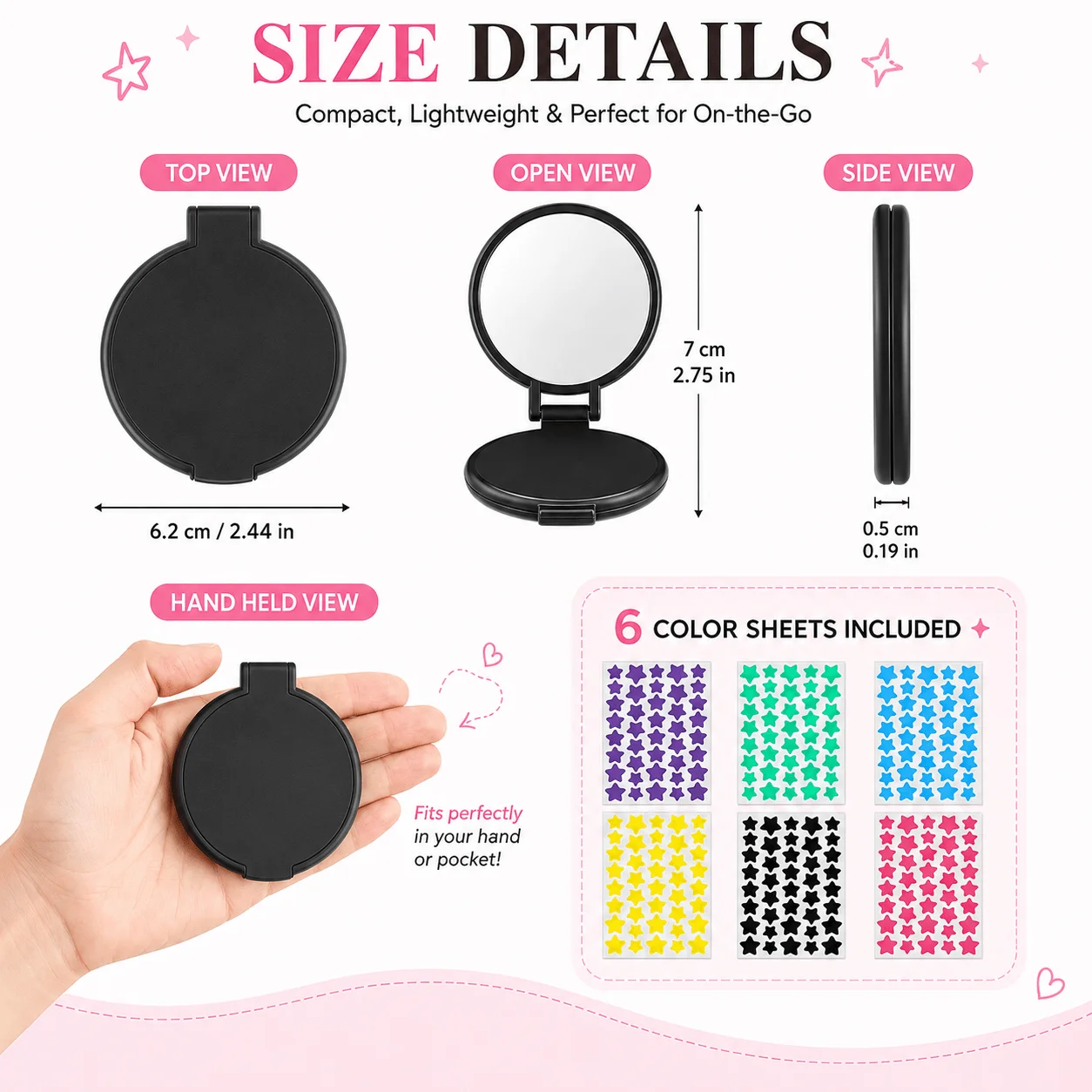 6-Color Star Patch Sheets with Foldable Compact Mirror, Pocket-Size Portable Beauty Set for Travel, Purse and Daily Touch-Ups view 6