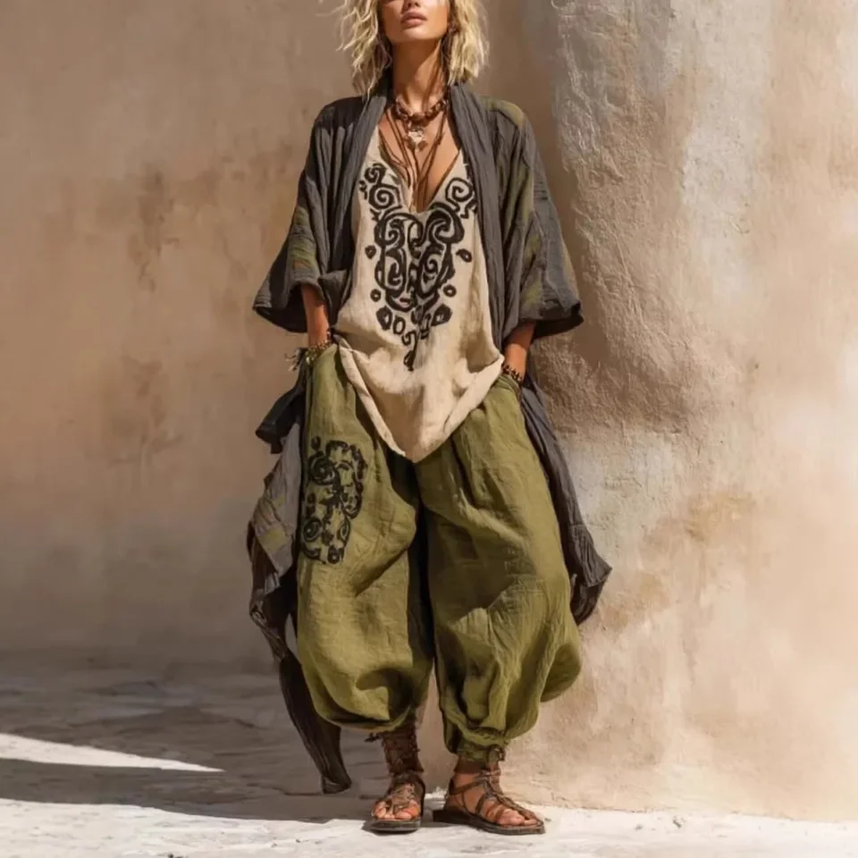 Women's Geometric Pattern Print Three Piece Set 2026 Summer New Loose Top Front Cardigan Harem Pants Suit Lady Commuting Set