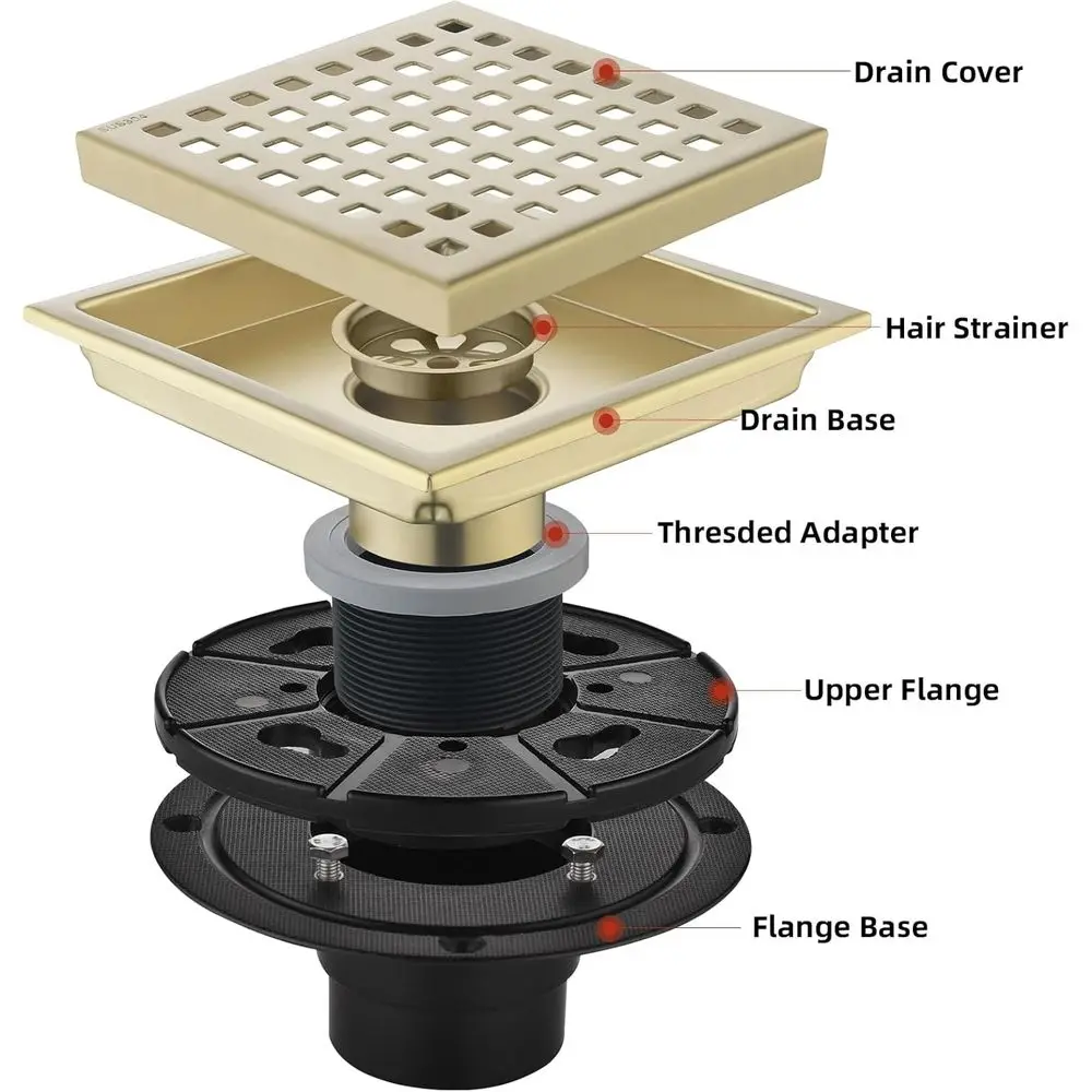 6 Inch Dual Shower Drain with Brushed Gold Square Grate, Removable Cover and Hair Filter for Bathroom, Kitchen, and Balcony
