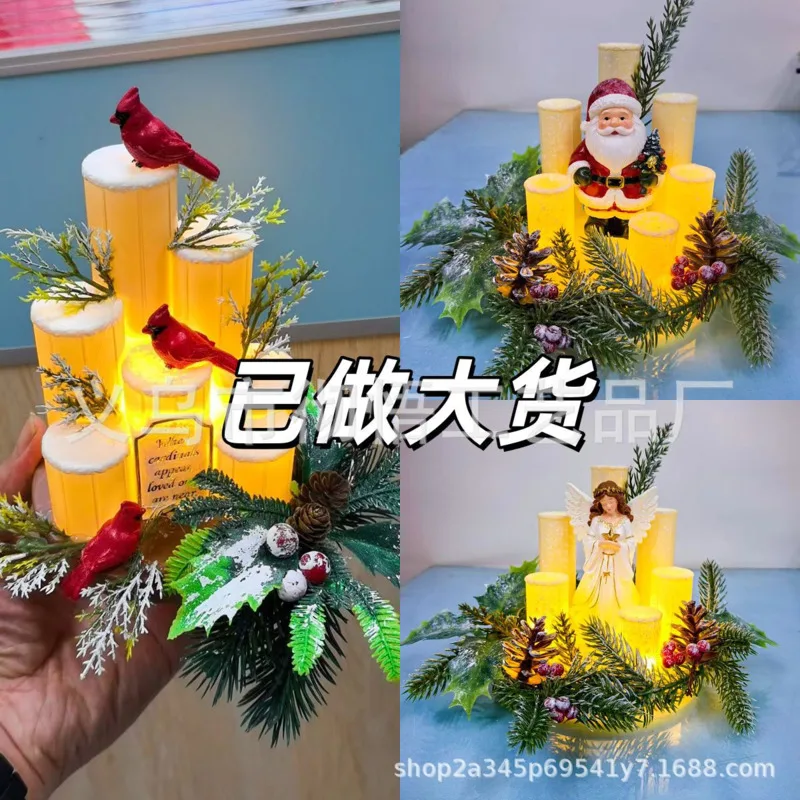 LED Lighted Christmas Village Decoration Artificial, Pine Cone Berry Wreath Centerpiece Santa, Angel Cardinal Ornament Home Gift