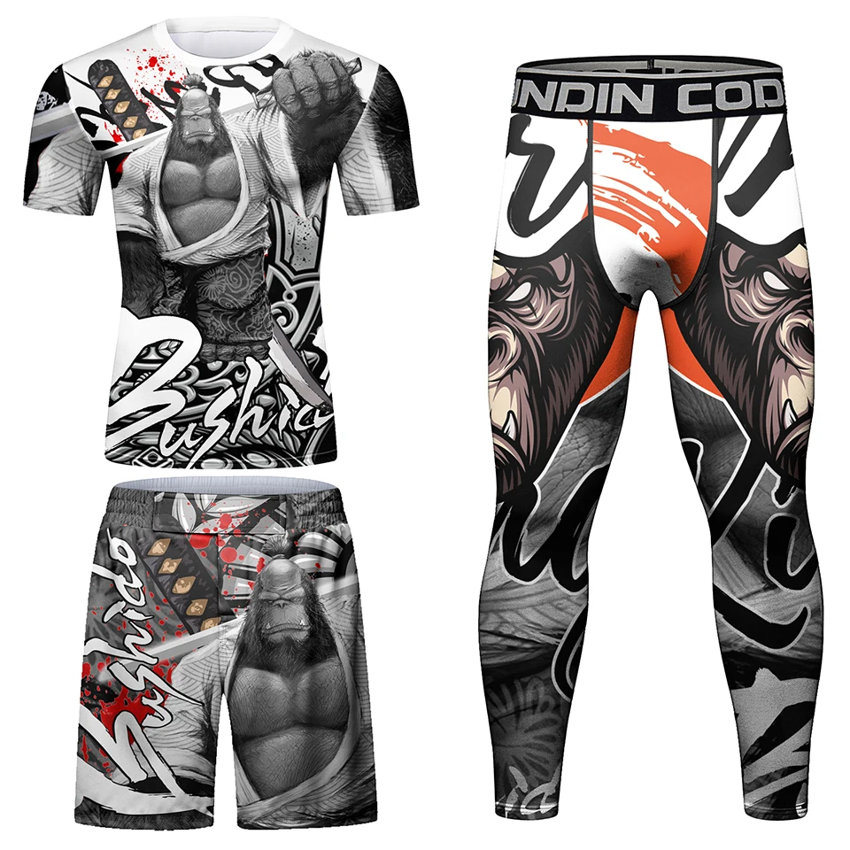 Men Rashguard Jiu Jitsu MMA T-shirt Pant 4/Pcs Sets Sport MMA Shorts Compression Boxing Jerseys Bjj Rash Guard Clothing Suits